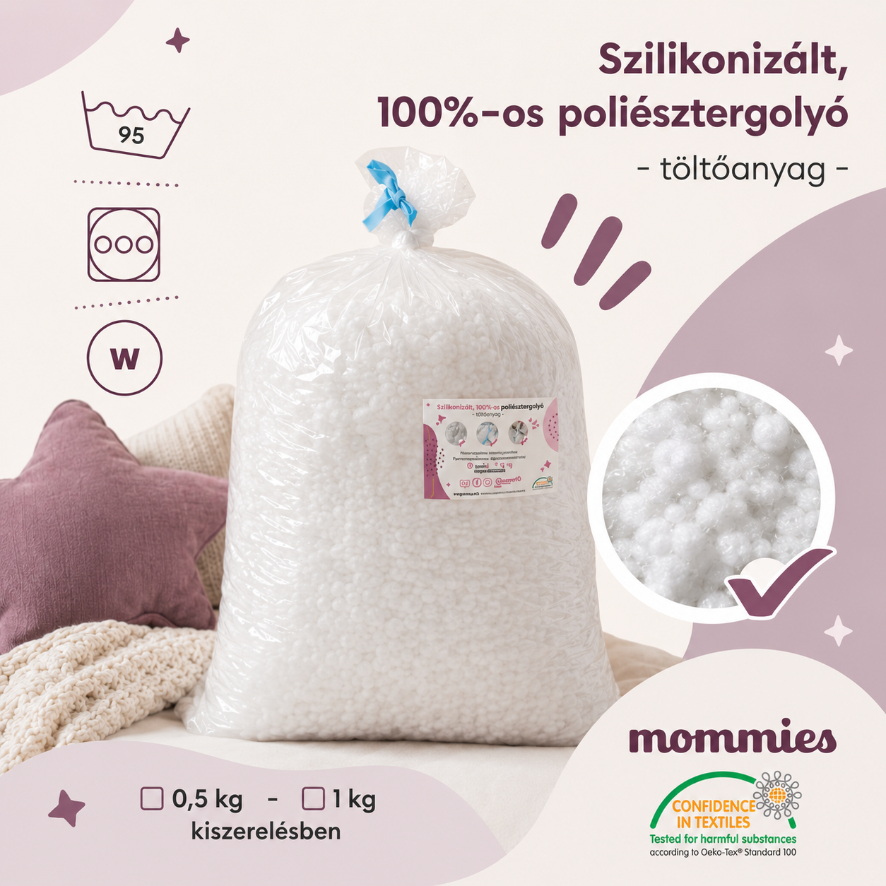 Szilikonizált 100% poliésztergolyó töltőanyag