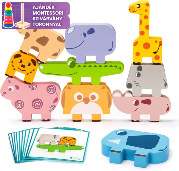 Montessori Állatfigurás Építőjáték Kártyákkal