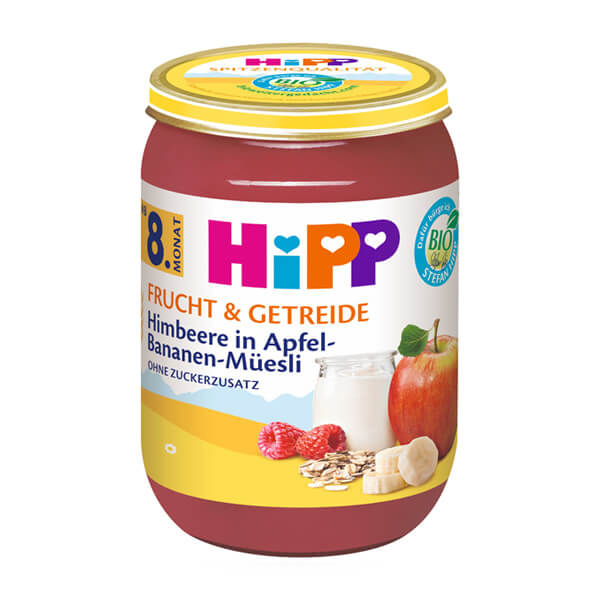 HiPP Bio Alma-banán-málna müzlis joghurttal bébiétel 190 g 8 hó+