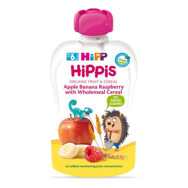 HiPP HiPPis Bio Alma-banán-málna teljes kiőrlésű gabonával bébiétel 100 g 6 hó+