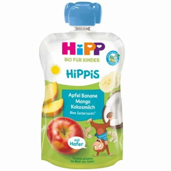 HiPP HiPPis Bio Alma-banán-mangó kókusztejjel és zabbal bébiétel 100 g 12 hó+