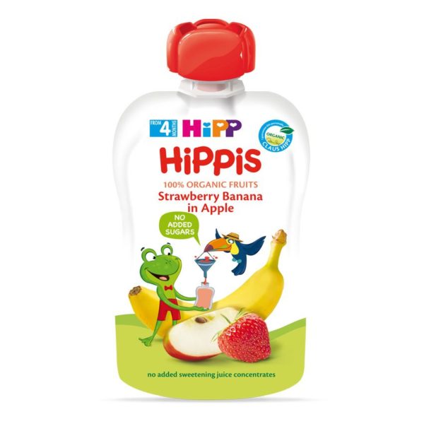 HiPP HiPPis Bio Eper-banán alma bébiétel 100 % gyümölcs 100 g 4 hó+