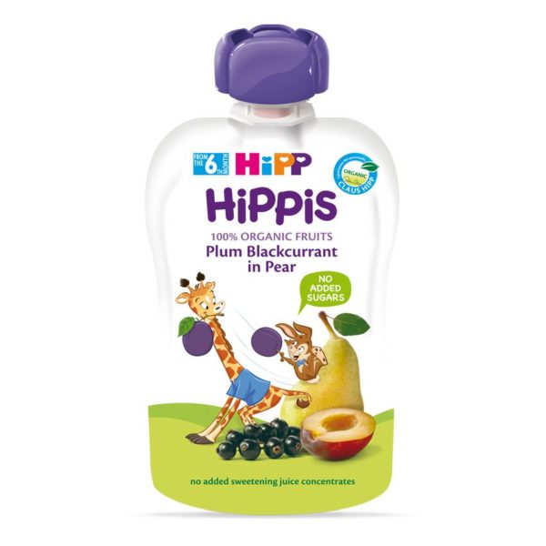 HiPP HiPPis Bio Szilva-feketeribizli körte bébiétel 100 % gyümölcs 100 g 6 hó+